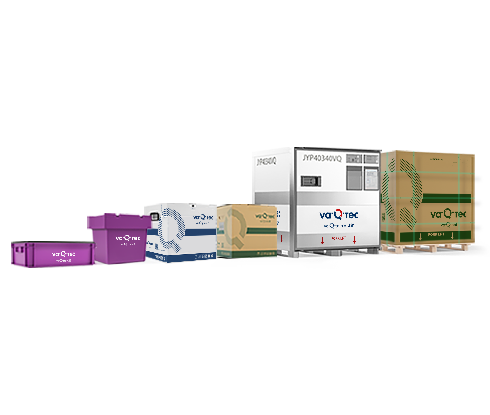 Das Bild zeigt verschiedene isolierte Verpackungsprodukte für den temperaturkontrollierten Transport.