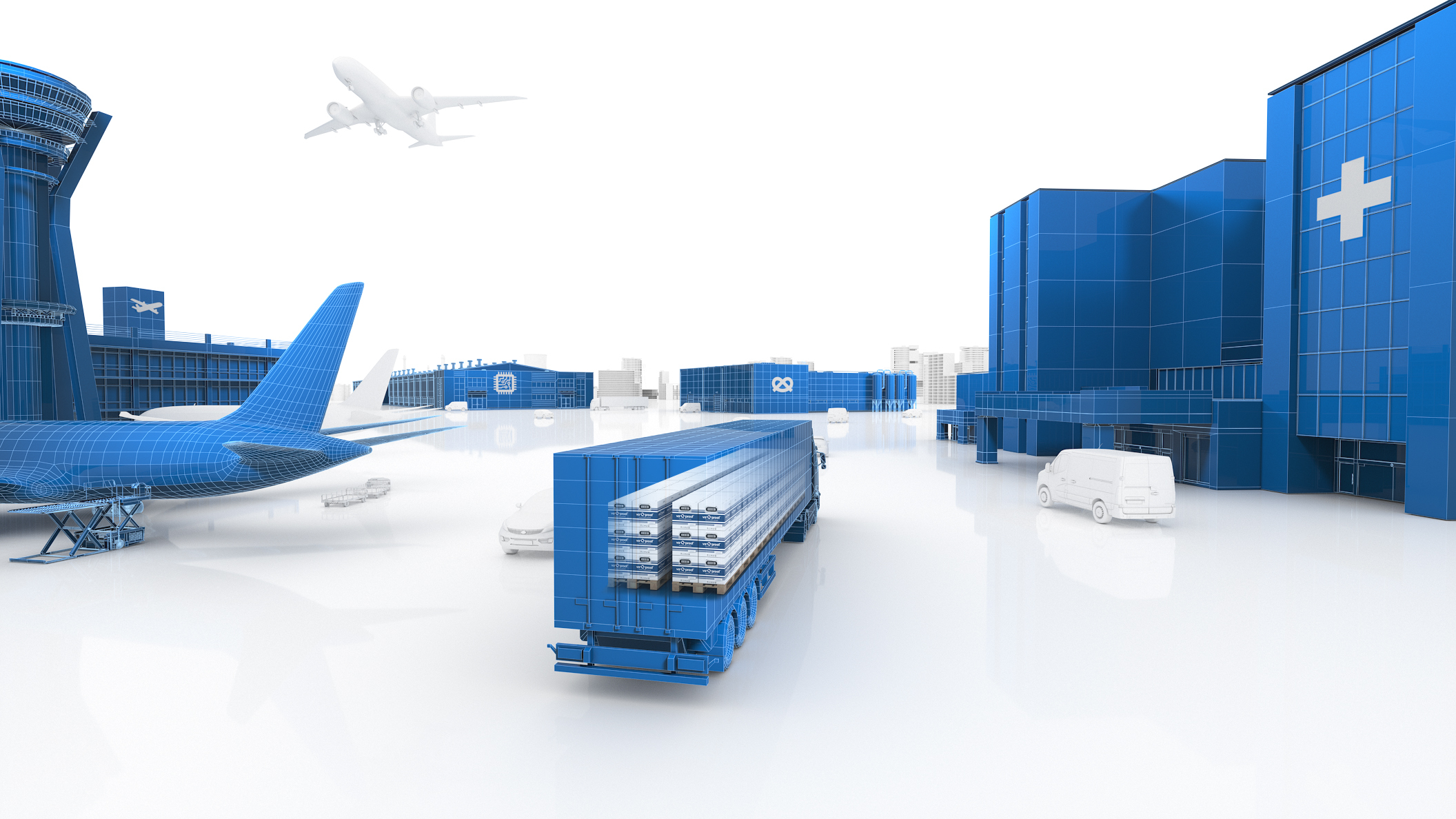 Ein schematisches, computererzeugtes Bild eines Flughafens mit Drahtgittermodellen von Flugzeugen, Fahrzeugen und Gebäuden.