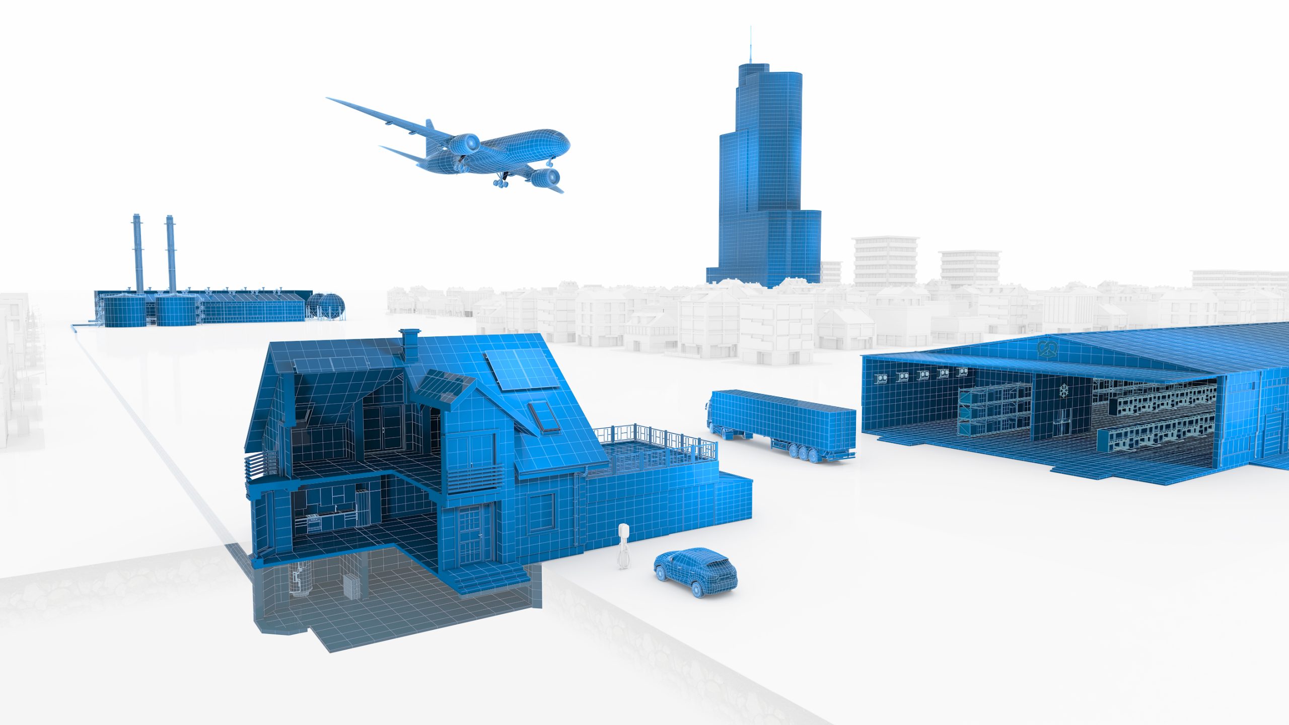 Das Bild zeigt eine konzeptionelle Grafik von verschiedenen Transport- und Industrieanlagen in Blau, mit hervorgehobenen Details auf einem undeutlichen weißen Hintergrund.